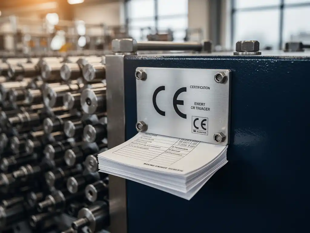 CE-gecertificeerde metalen plaat op industriële machine in Nederlandse productiefaciliteit, omgeven door stalen componenten en exportdocumentatie.