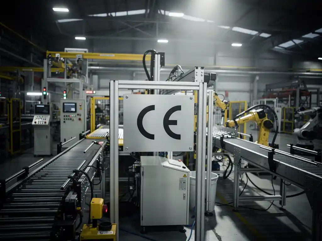 Industriële assemblagelijn met robotarmen en transportbanden onder één CE-keurmerkplaat in een moderne fabriek.