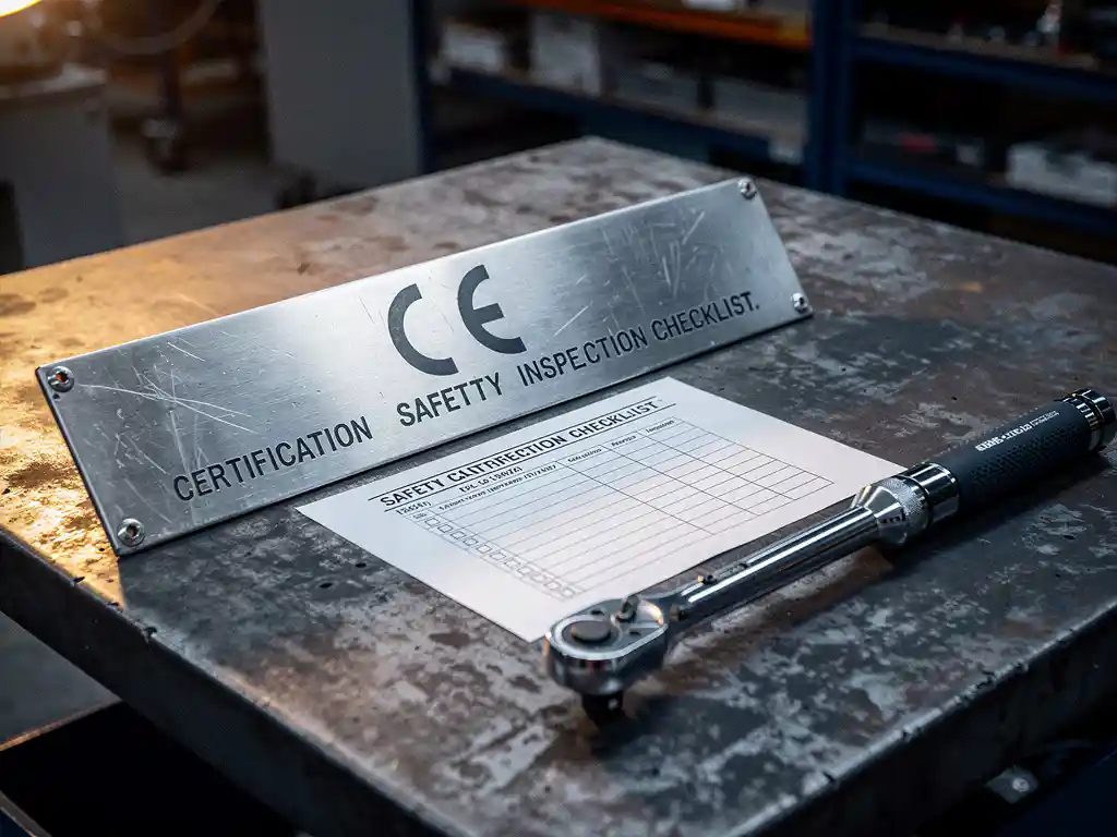 CE-certificeringsplaat en veiligheidsinspectielijst op een verweerde stalen werkbank, met een gekalibreerde momentsleutel ernaast.