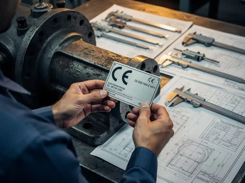 CE-keurmerkplaat op zwaar staalonderdeel, onderzocht door ingenieur bij werktafel met technische tekeningen en kalibratiegereedschap.