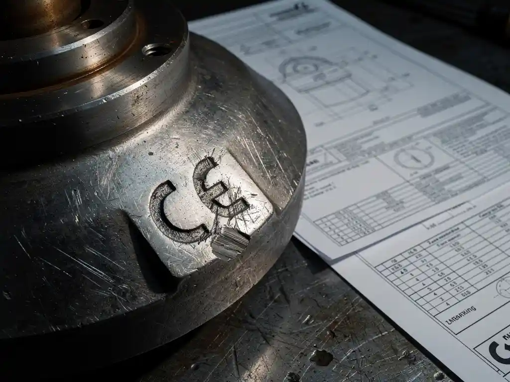 Scheef en vegen CE-keurmerk op metalen industrieel onderdeel, omringd door technische tekeningen en compliance-documenten op werkplaatsvloer.