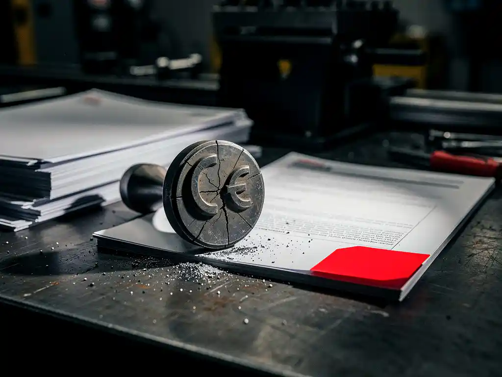 Gebarsten CE-keurmerkstempel op stalen werkbank, omringd door compliance-documenten en een rood gemarkeerd technisch dossier.