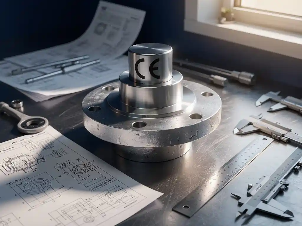 CE-markering stempel op industrieel metalen onderdeel, omringd door technische documenten en meetinstrumenten op een stalen werkoppervlak.