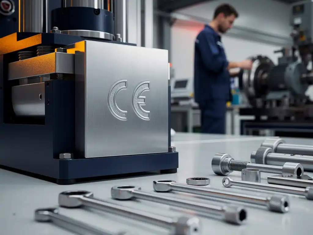 CE-markering op geborsteld stalen behuizing van gecertificeerde industriële machine op een fabrieksvloer.