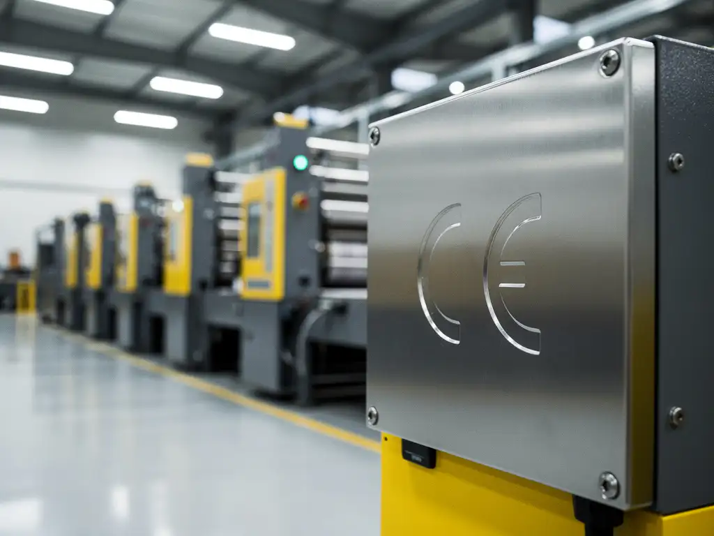 CE-markering op geborsteld aluminium paneel van industriële machine in moderne fabriek, met identieke machines op de achtergrond.