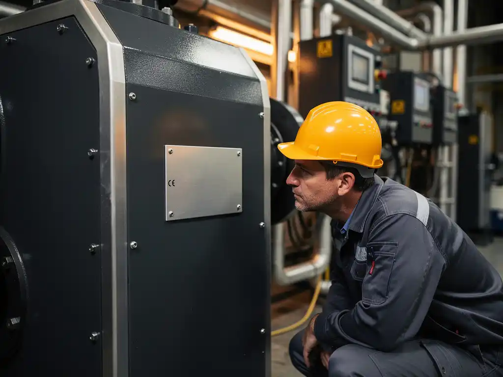 Ingenieur met helm inspecteert CE-markering op zware industriële machine omgeven door leidingen en bedieningspanelen.
