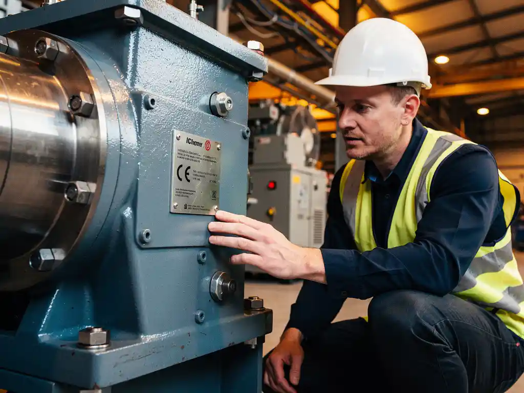 Technicus met helm inspecteert CE-keuringsplaat op industriële machine in fabriek.