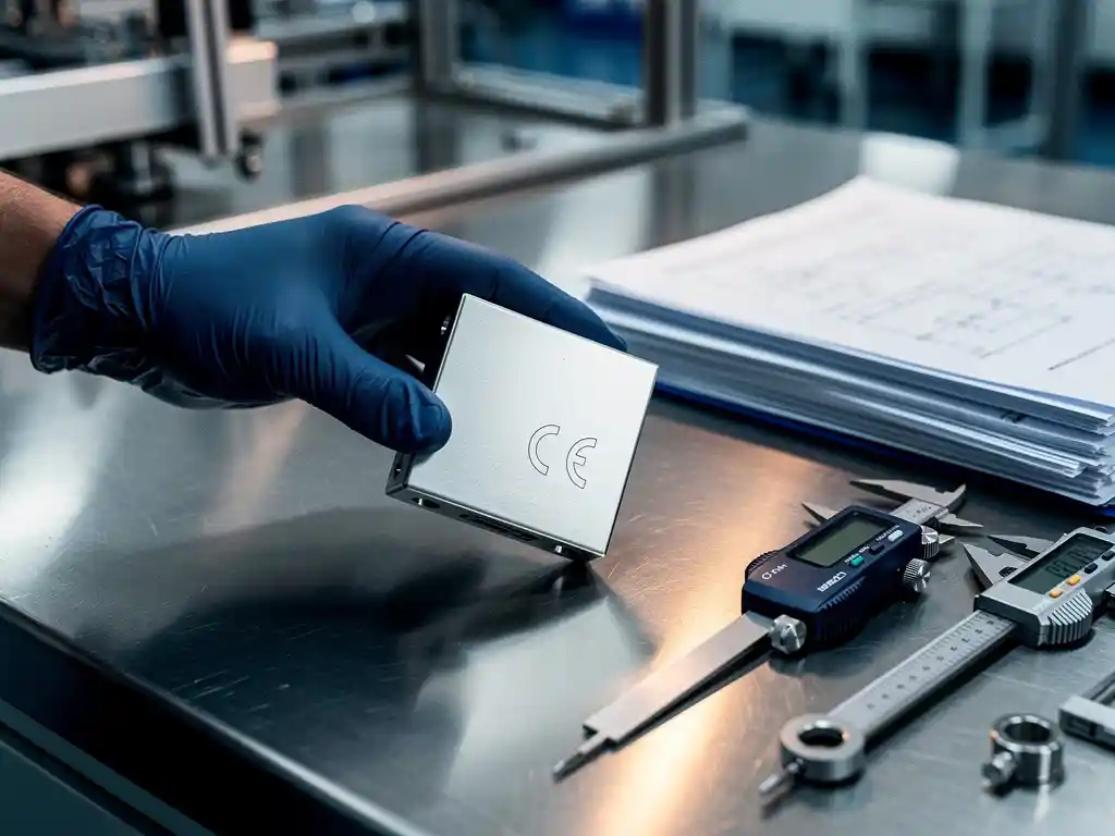 Gehandschoende ingenieur inspecteert metalen onderdeel met CE-markering in industriële faciliteit, meetgereedschap op roestvrijstalen werkbank.