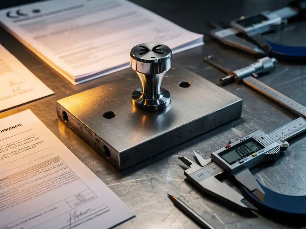 CE-markering stempel op industriële metalen plaat, omringd door technische compliance documenten en meetinstrumenten in een werkplaats.