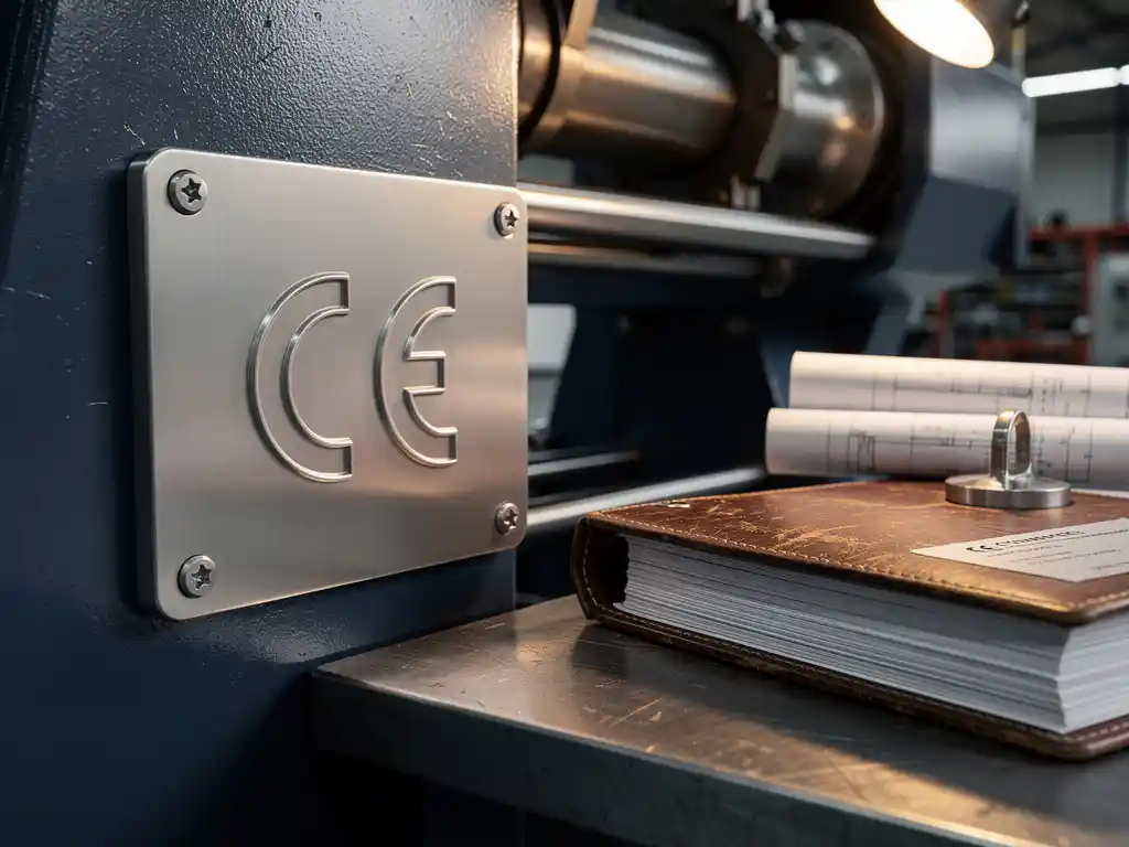CE-markering op metalen apparaatplaat van industriële machine, met naastliggend nalevingsdossier en technische tekeningen op stalen werkoppervlak.