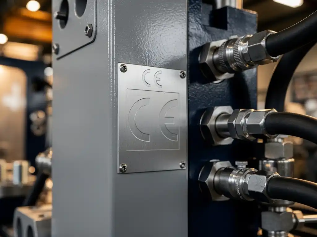 CE-keuringsplaat op industrieel machinepaneel, omgeven door stalen componenten en hydraulische fittingen in Nederlandse productiefaciliteit.