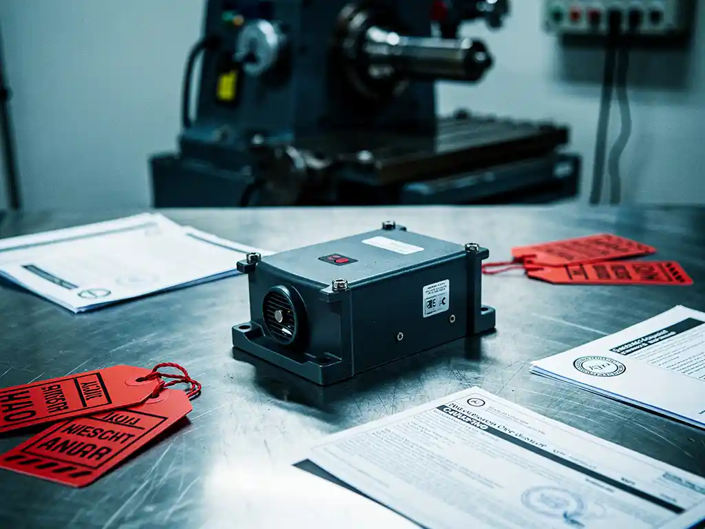 Product zonder CE-markering op stalen inspectietafel, omringd door compliance-documenten en rode afkeuringslabels.
