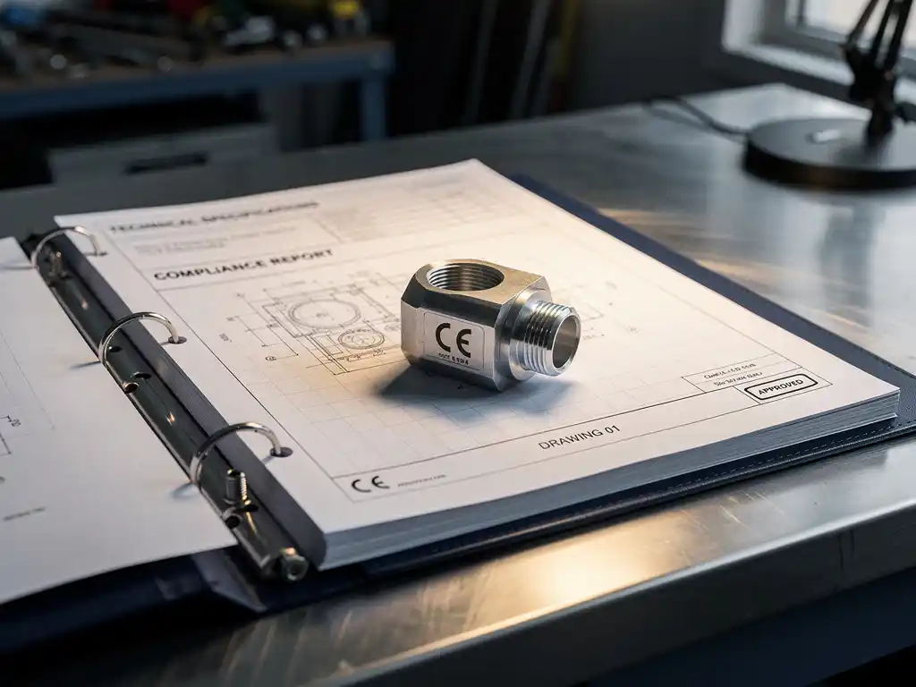 Opengeslagen regelgevingsbinder met CE-gemarkeerd metalen onderdeel op technische tekeningen, op stalen bureau in industriële werkruimte.