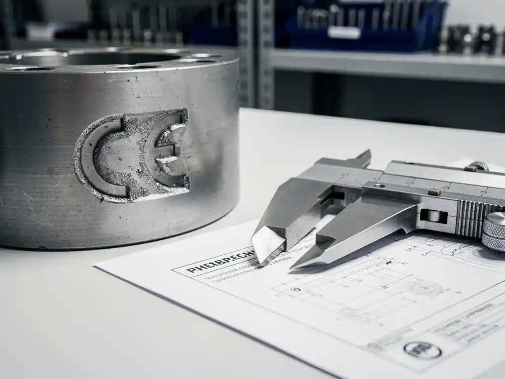 CE-markering gestempeld in stalen industrieel onderdeel, meetschuifmaat en technische documenten op werkbank in machinefabriek.