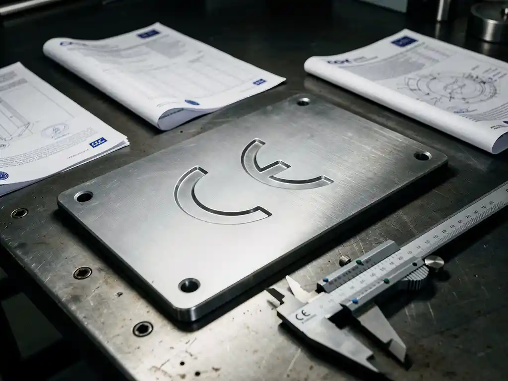 CE-markering stempel op industrieel machinepaneel, omringd door conformiteitsdocumenten en schuifmaat op metalen werktafel.