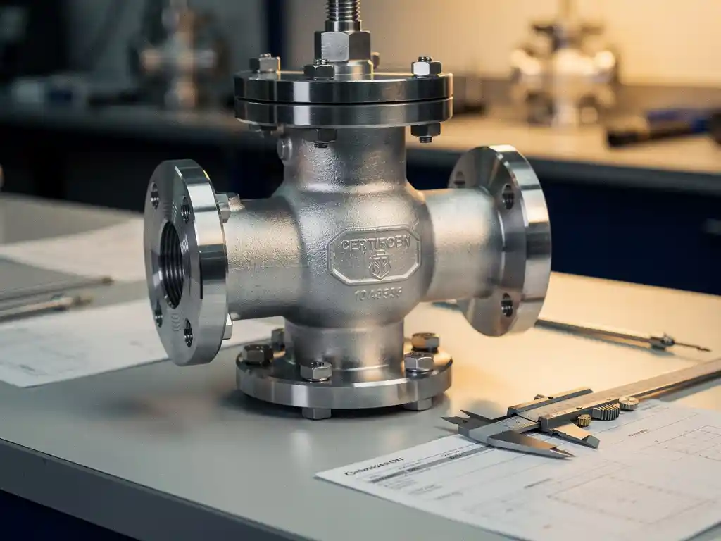 Stalen drukafsluiter met CE-markering op werktafel, omringd door schuifmaten en technische keuringsdocumenten.