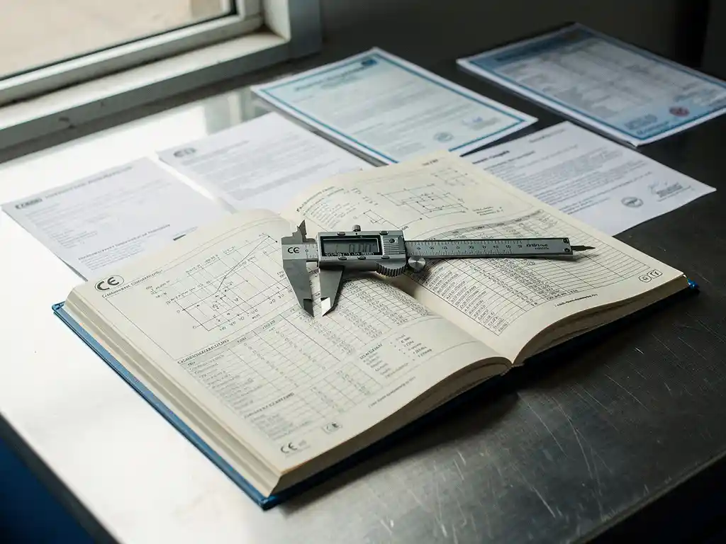 CE-gecertificeerde technische map open op industrieel stalen bureau met maatcertificaten, compliance-documenten en precisie schuifmaat.
