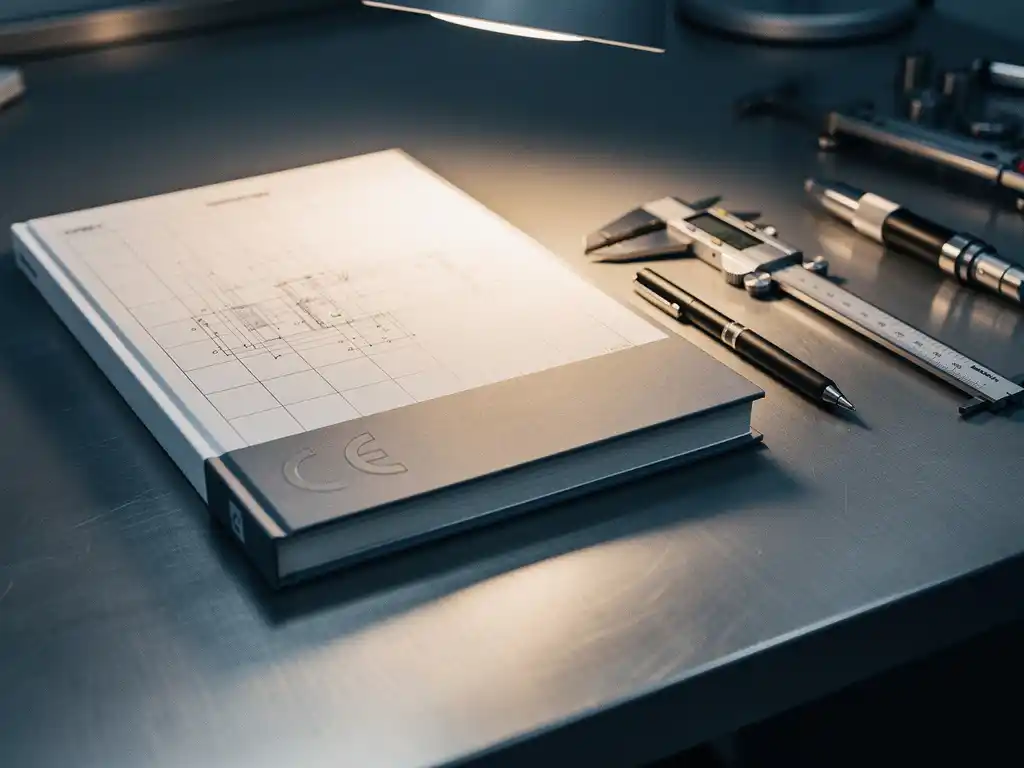 Open technisch handboek met CE-markering op stalen bureau, naast schuifmaat en mechanisch potlood, verlicht door bureaulamp.