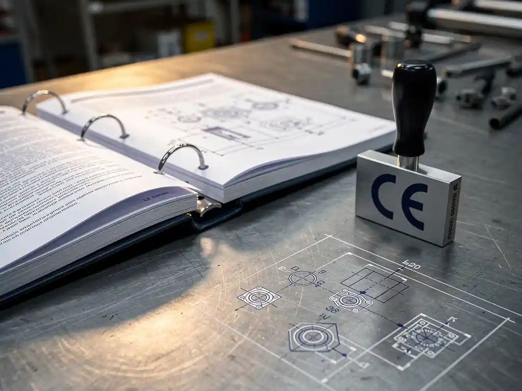 Open technische map met engineeringschema's en CE-keuringstempel op stalen werkbank in industriële werkplaats.