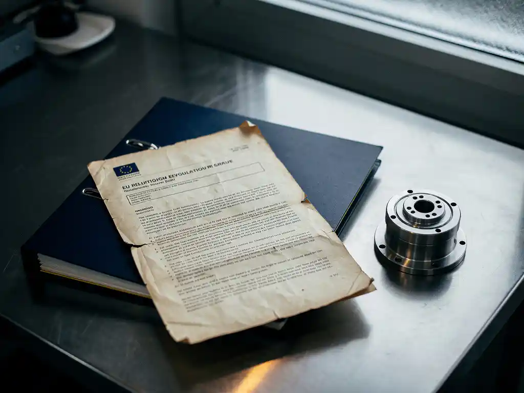 Verouderd EU-regelgevingsdocument naast een nieuwe officiële map en machinedeel op een industrieel stalen bureau.