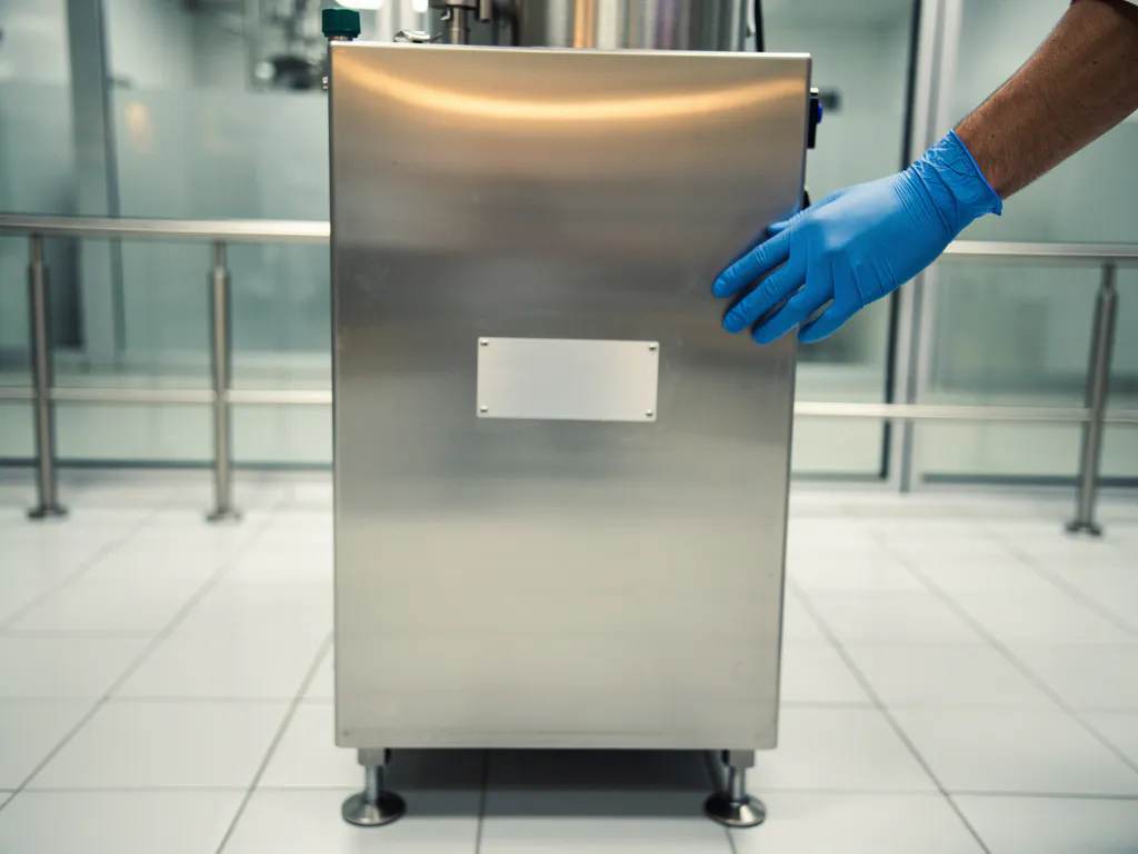 Gehandschoende hand op roestvrijstalen farmaceutische machine met CE-keurmerk in steriele productiefaciliteit.