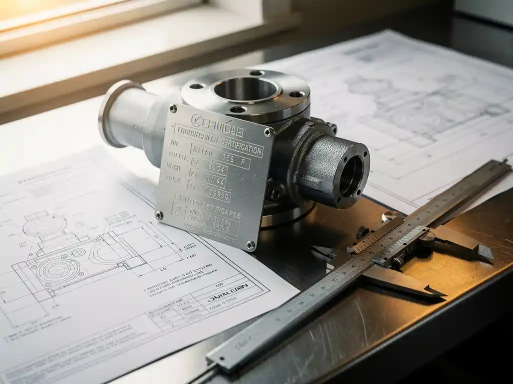 Gecertificeerde metalen naamplaat op gefreesd industrieel onderdeel, omringd door technische tekeningen en een schuifmaat op een stalen werkbank.