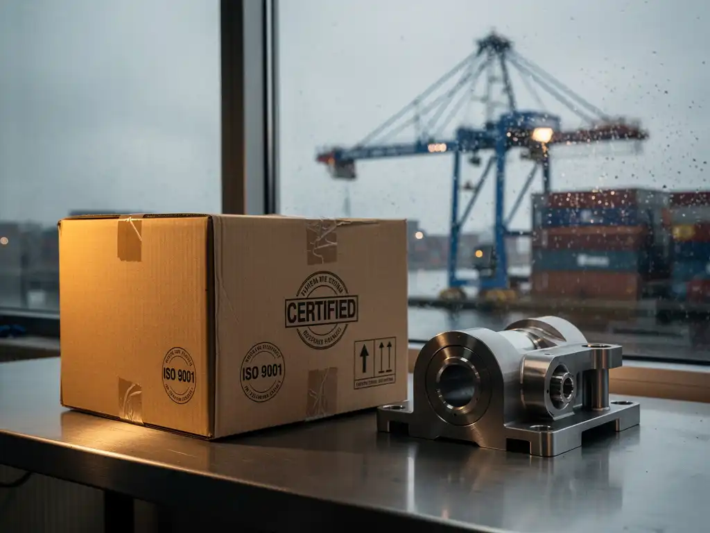 Verzegelde kartonnen verzendkist met certificeringsstempels naast een precisie-industrieel onderdeel op stalen werktafel, havenkraan zichtbaar door regenbeslagen raam.