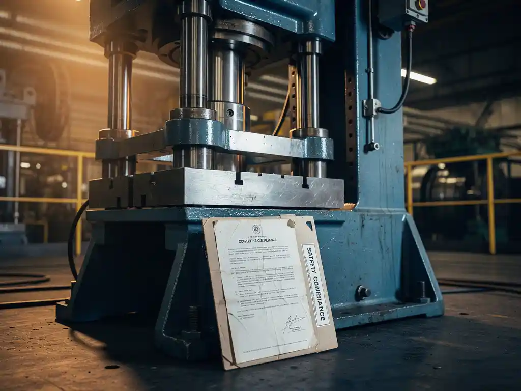 Hydraulische industriële pers op fabriekswerkvloer met versleten compliance-map tegen de metalen basis.
