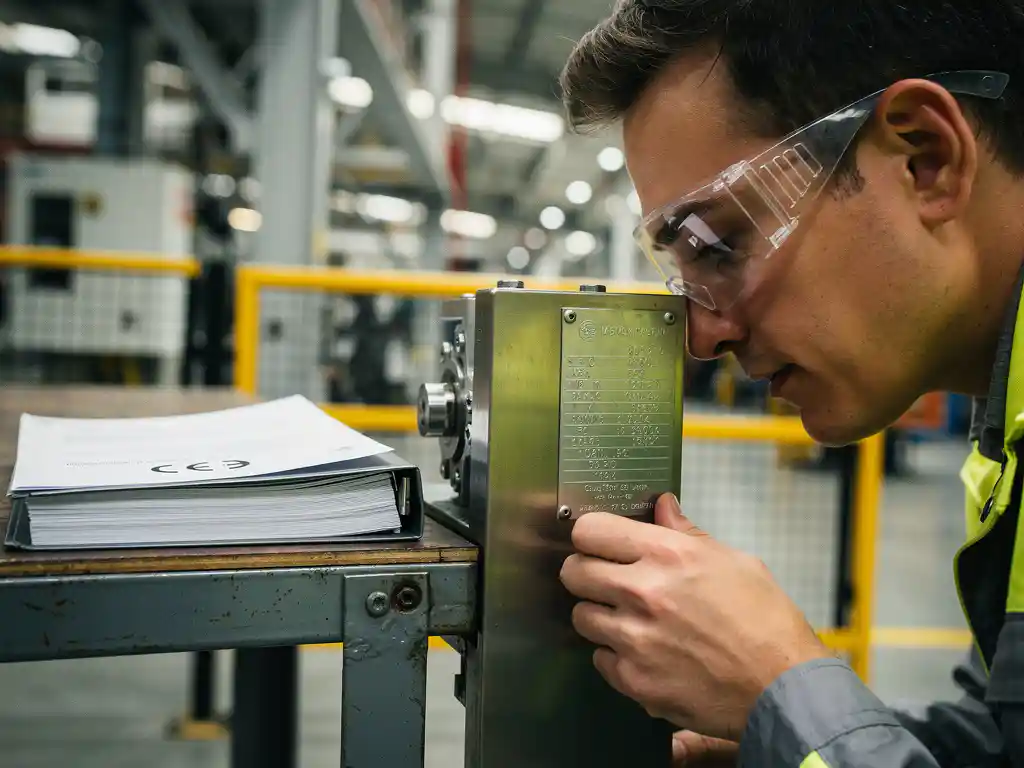 Inkoopspecialist met veiligheidsbril inspecteert CE-certificeringsplaat van industriële machine op productievloer.