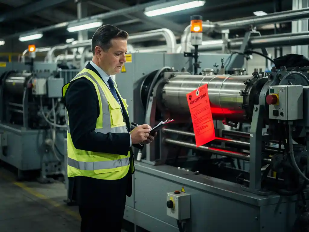 Inspecteur in veiligheidsvest controleert industriële machine met klembord, rood non-conformiteitsbiljet zichtbaar op apparatuur.