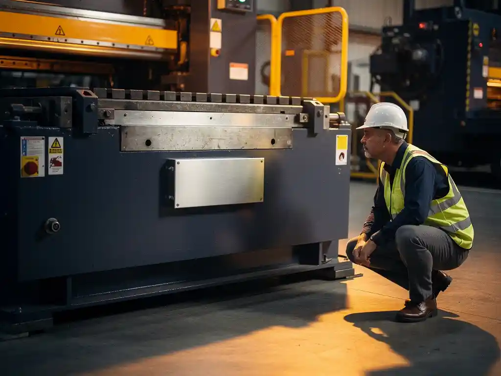 Ingenieur met helm inspecteert certificatieplaat op zware industriële machine in fabriek met amberkleurig licht.