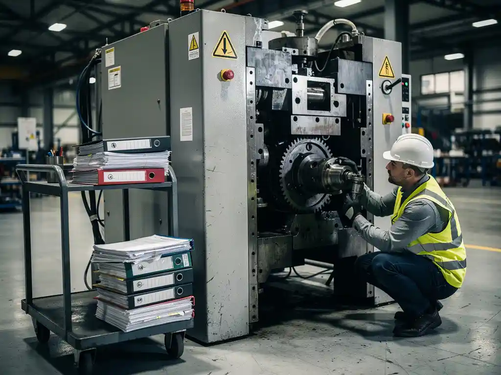 Veiligheidsingenieur in helm inspecteert gedemonteerde industriële machine op fabriekshal, compliance-mappen gestapeld op de voorgrond.