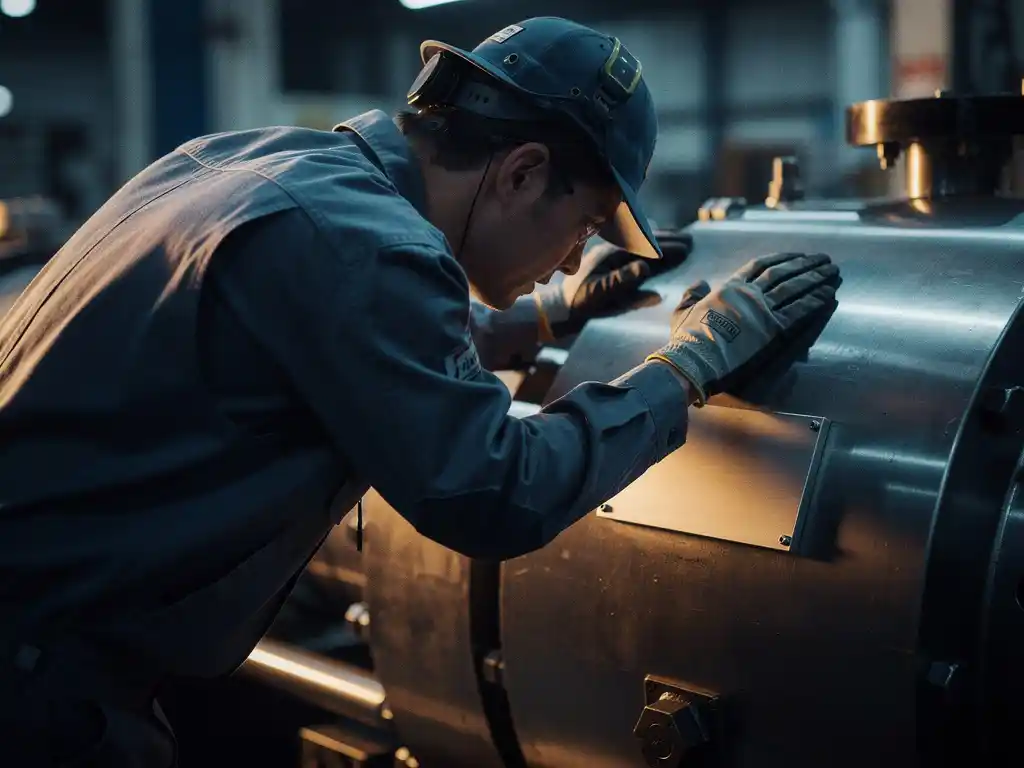 Machineoperator in beschermende uitrusting inspecteert industriële machine met zichtbaar complianceplaat op de fabrieksvloer.