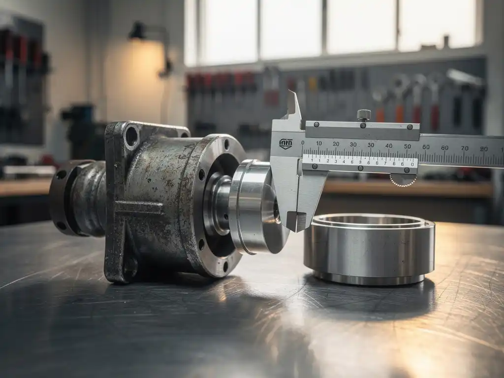 Versleten machinedeel naast nieuw vervangingsonderdeel op stalen werktafel, technicus meet kritieke verbinding met schuifmaat.
