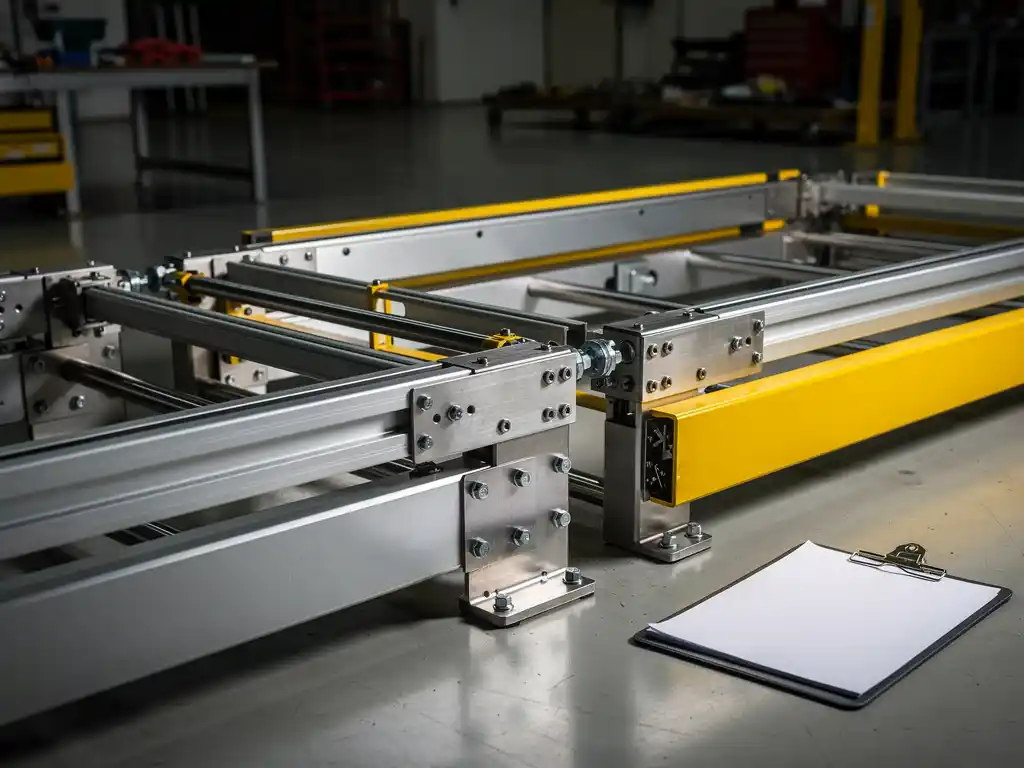Gedeeltelijk gemonteerde industriële machine op fabrieksvloer met modulaire staalcomponenten en CE-markering document op klembord.