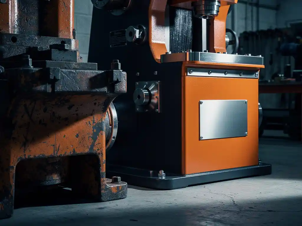 Versleten industriële machine naast glanzend nieuw exemplaar met CE-keurmerkplaat, scherp zijlicht benadrukt contrast tussen oud en nieuw staal.