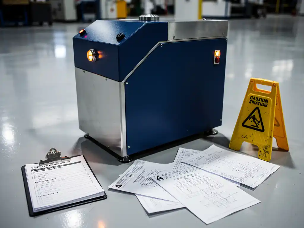 Prototype industriële machine op fabrieksloer omringd door compliance-documenten, veiligheidschecklist op klembord en geel waarschuwingsbordje.