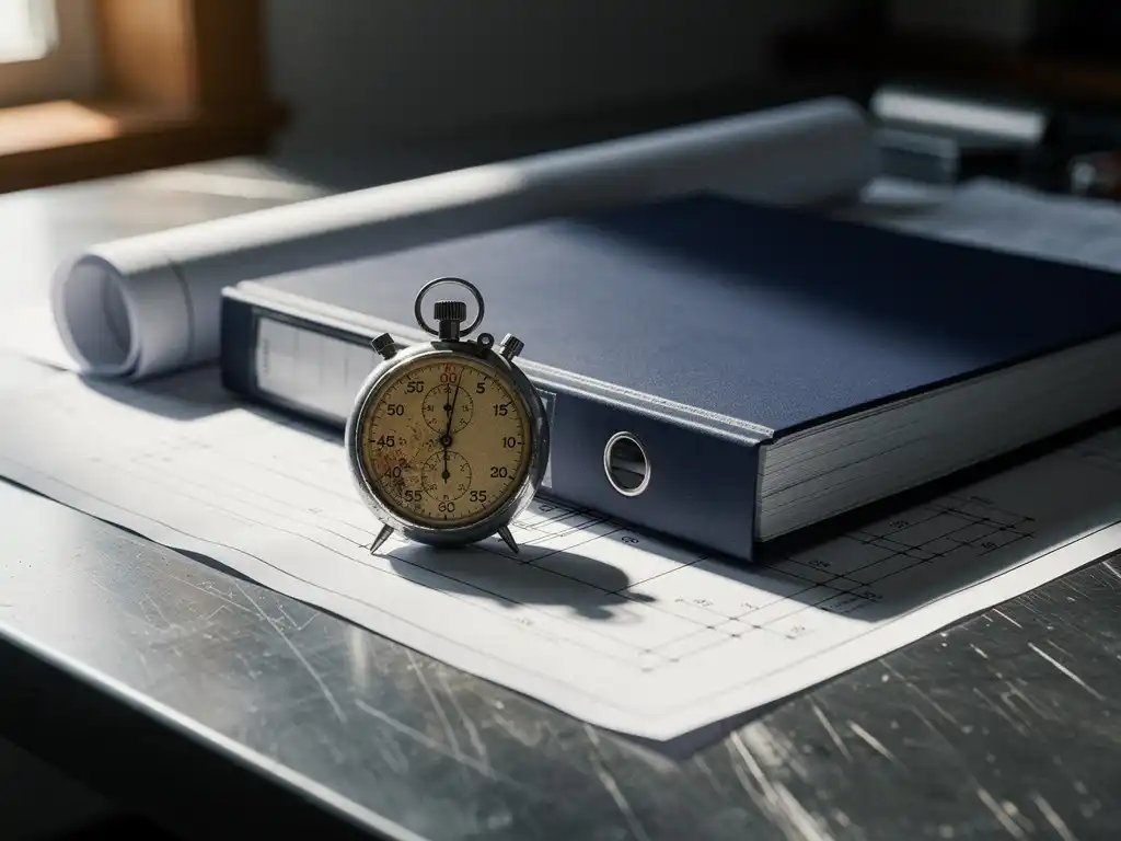 Versleten mechanisch stophorloge naast een CE-gecertificeerde industriële map op een stalen tekentafel met gedeeltelijk uitgerolde technische schema's.