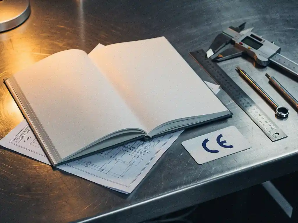 Open technisch handboek op stalen bureau met CE-keurmerk, schuifmaat, stalen liniaal en blauwdrukken in zacht amberkleurig licht.