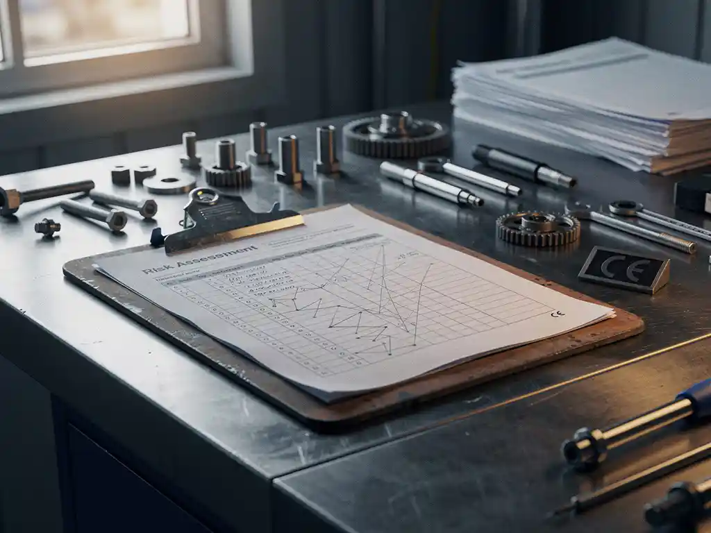 Versleten technische klembord met risicobeoordelingschecklist op stalen werkbank, CE-markering stempel en mechanische onderdelen ernaast.