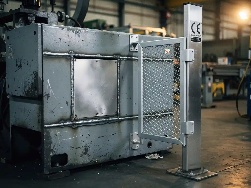 Verouderde industriële machine met verse lassen, vervangen paneel en nieuw veiligheidsscherm op fabrieksvloer, CE-markering zichtbaar bevestigd.