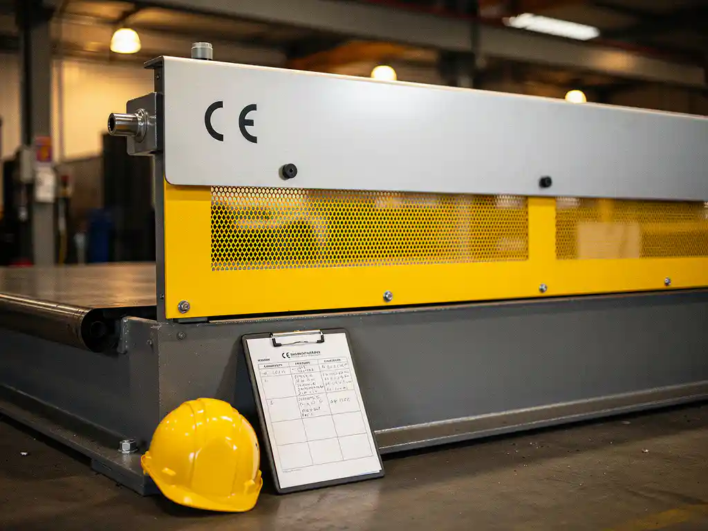 CE-gemarkeerd machinebeveiligingspaneel op zware staalapparatuur in een fabriek, met gele veiligheidshelm en inspectieklembord.