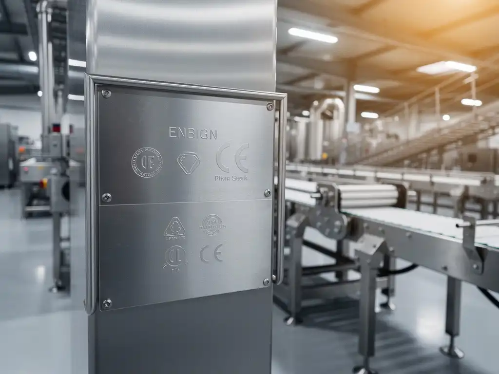 Roestvrijstalen voedselverwerkingsmachine met CE-keurmerkplaat op industriële transportband in moderne voedselfabriek.
