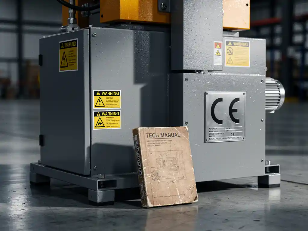 Industriële machine met veiligheidslabels en scheve CE-plaat op fabrieksVloer, versleten technische documentatiemap tegen de basis.