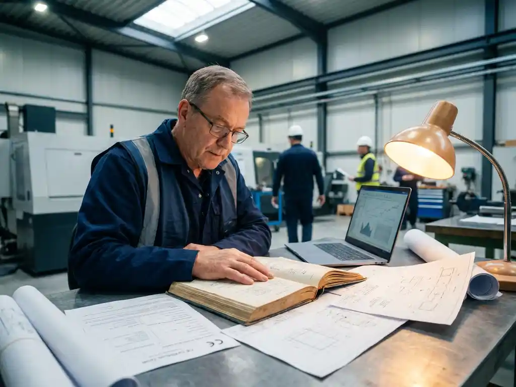 Senior ingenieur bestudeert CE-certificeringsdocumenten en technische tekeningen op industriële werkbank met laptop.