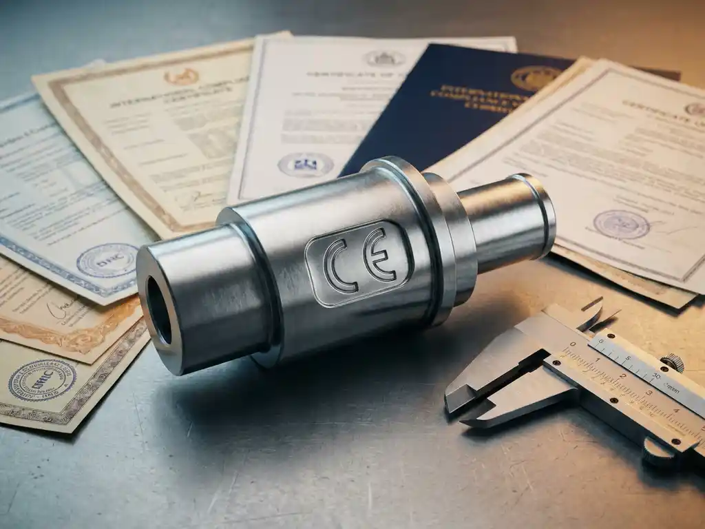 CE-keurmerk gegraveerd op gepolijst stalen onderdeel, omringd door internationale nalevingsdocumenten en een precisie schuifmaat op een technische werktafel.