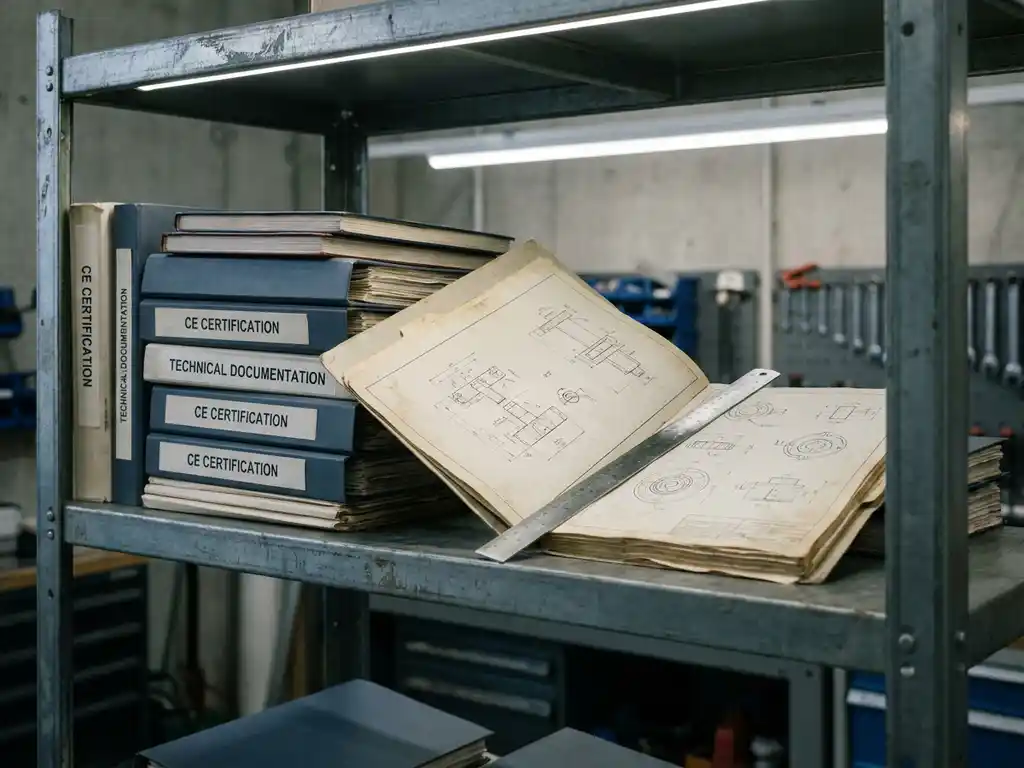 Stapel CE-certificeringsbinders op stalen plank, open map met technische tekeningen en metalen liniaal, zachte industriële verlichting.