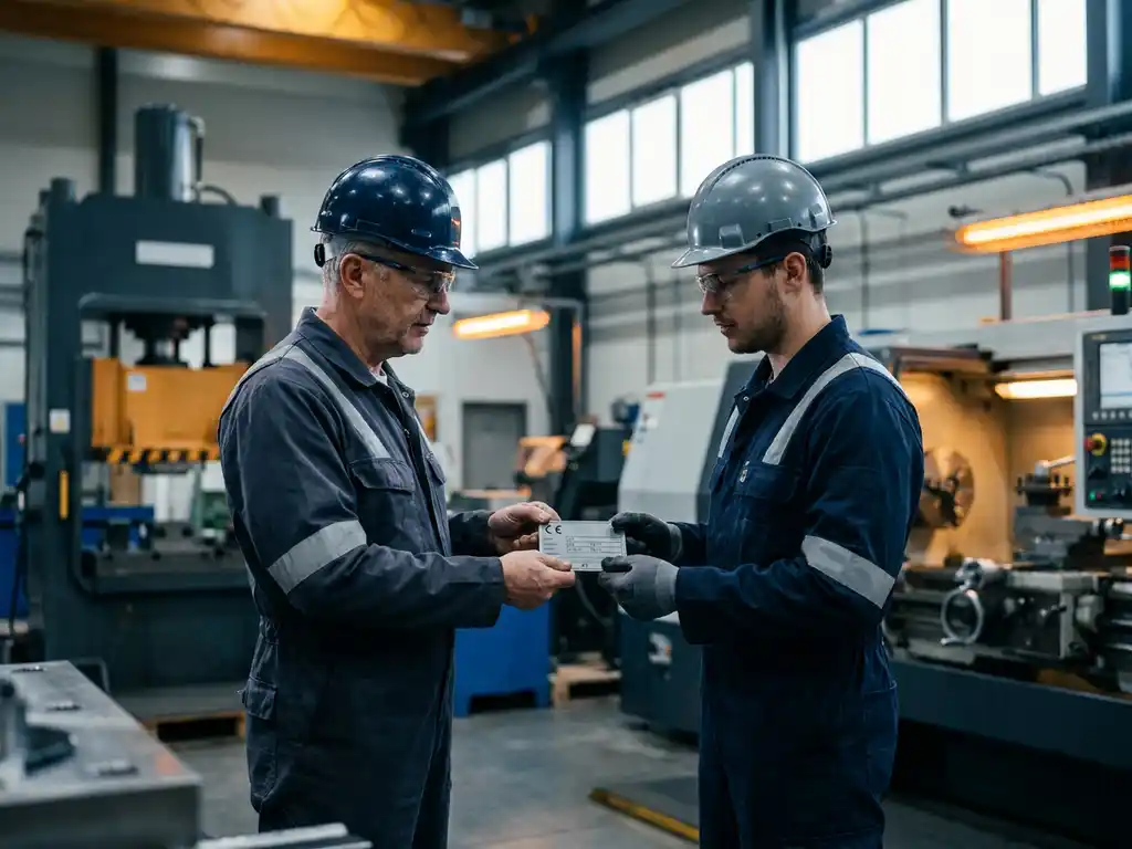 Twee ingenieurs in veiligheidsuitrusting wisselen een CE-keuringsplaat uit op een moderne fabriekshal met zware machines op de achtergrond.