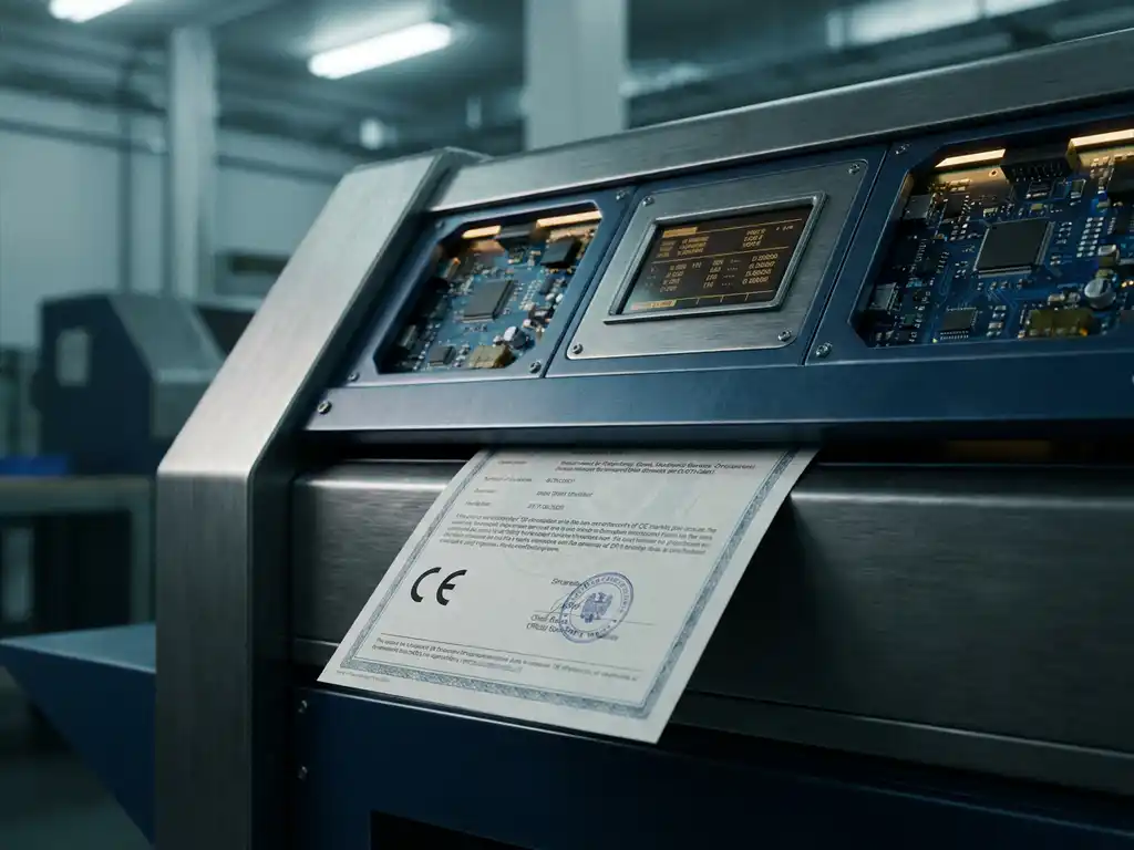 CE-certificeringsdocument onder een industrieel machinepaneel met zichtbare printplaten en metalen behuizing in staalgrijs en marineblauw.