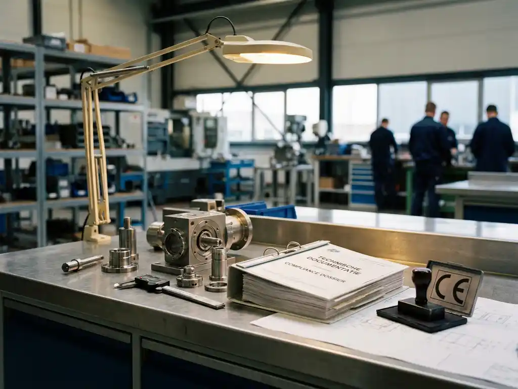 CE-gecertificeerd product tijdens formele inspectie op roestvrijstalen werkbank met openliggend compliance-dossier en precisiecomponenten.